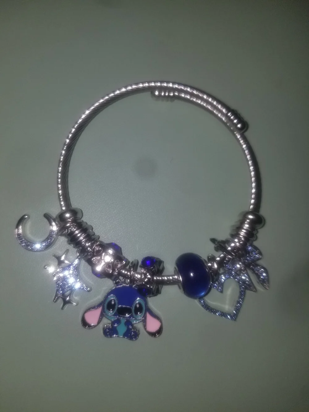 Disney Silver and Blue Stitch Charm Bracelet with Pink Accents